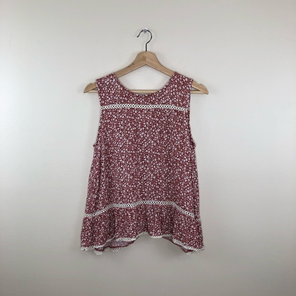 Anthropologie Maeve red floral split back sleeveless top size medium - Picture 2 of 12